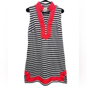 STS Sail to Sable Stripe Print V-Neck Sleeveless Shift Dress Orange Trim…